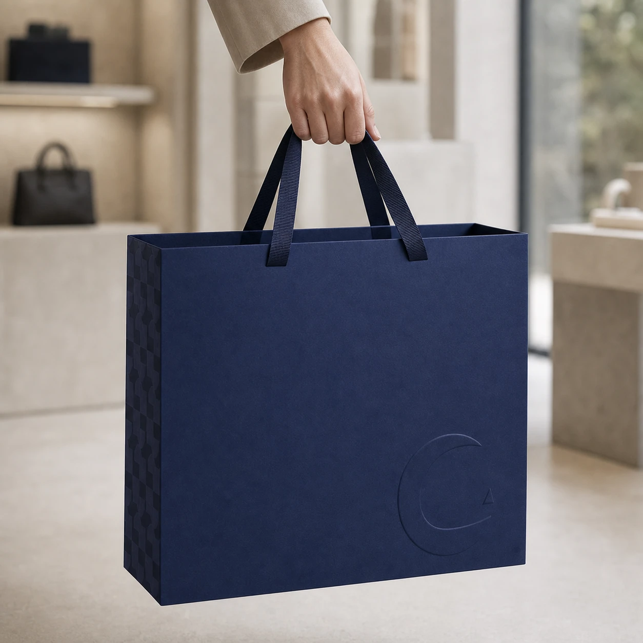 Luxury shopping bag presented by hand