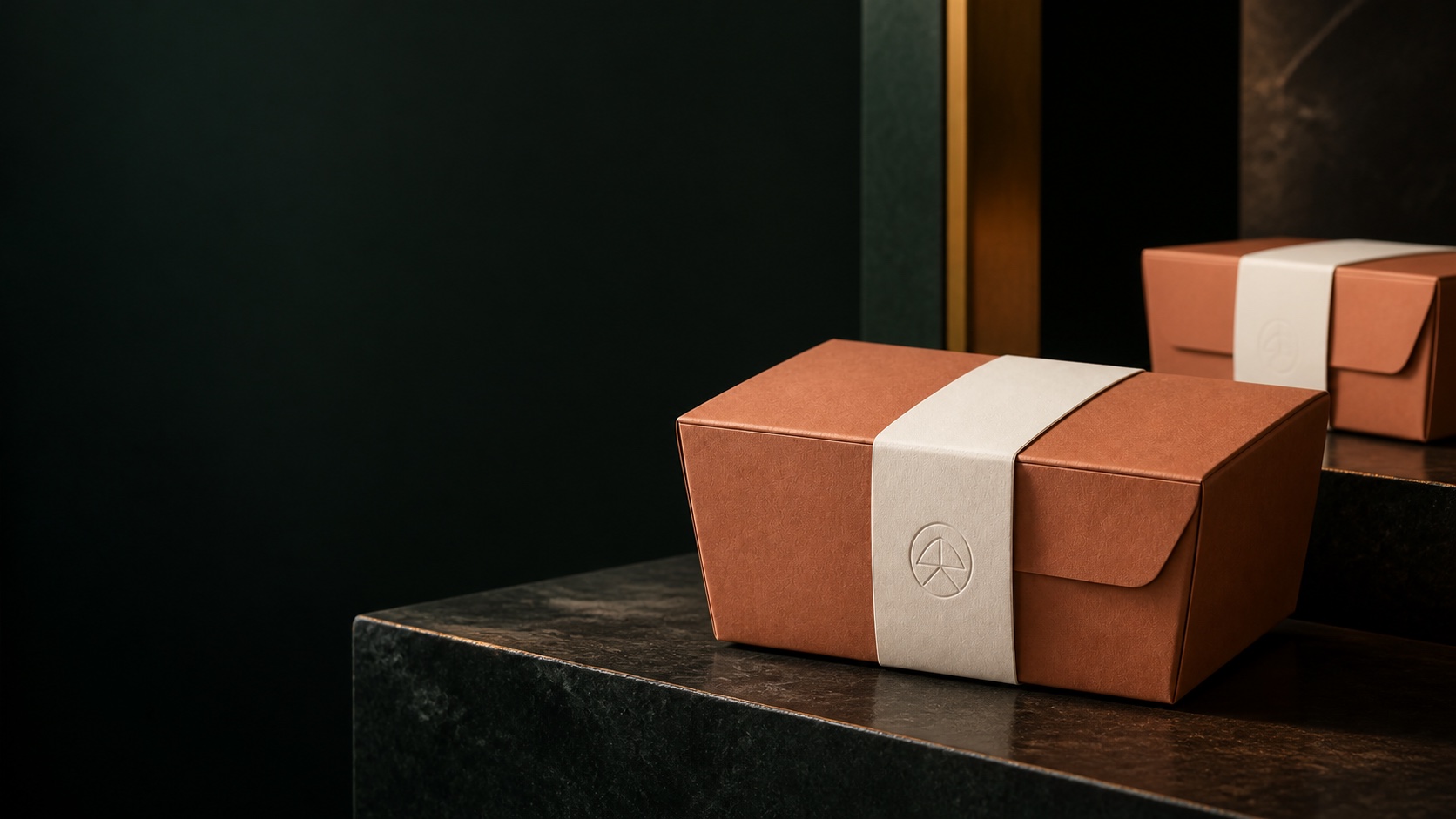 Food Boxes arranged in a dark green editorial studio