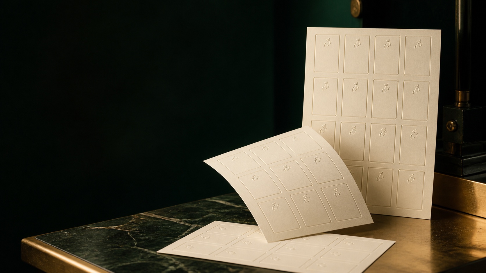 Luxury Label Sheets arranged in a dark green editorial studio