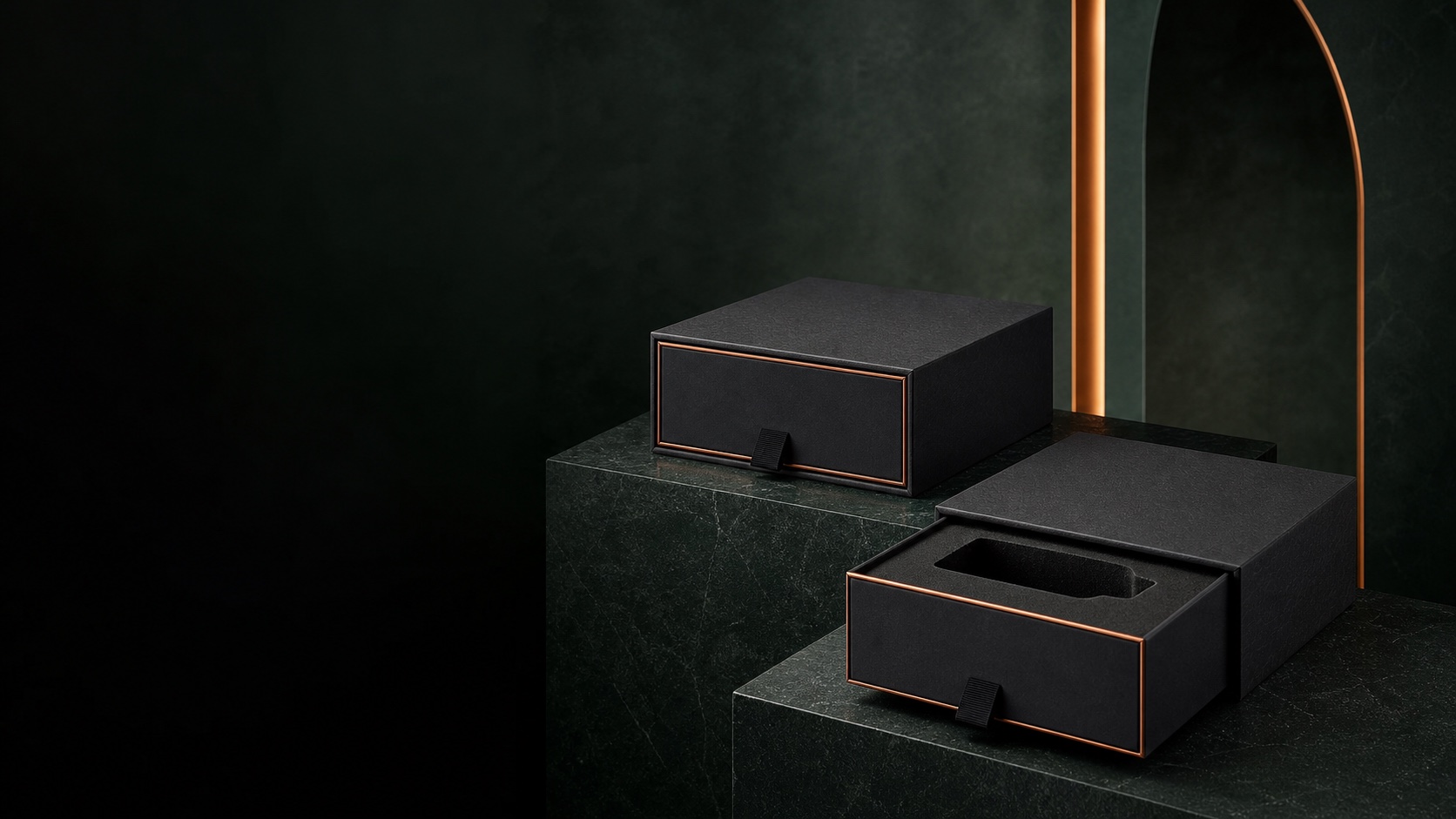 Luxury Perfume Hard Boxes arranged in a dark green editorial studio
