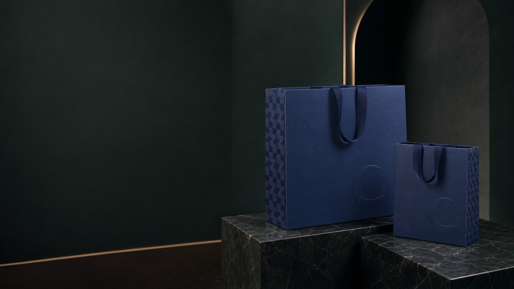 Luxury Shopping Bag arranged in a dark green editorial studio